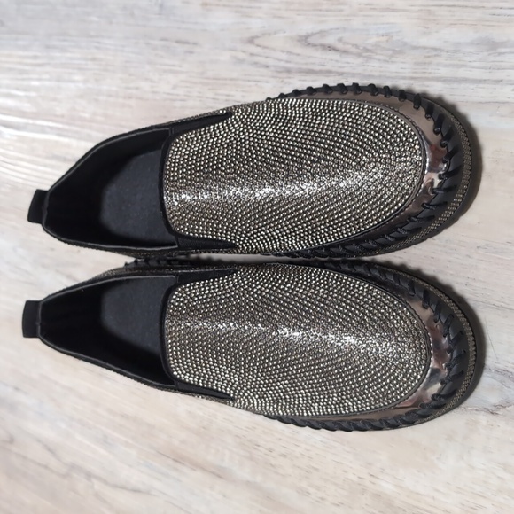 Metallic crystal gemstone slip-on sneakers loafers black silver sz 6 - 6.5 - Picture 2 of 6
